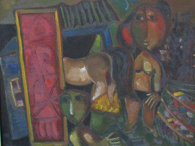 לאו רוט שמן על בד חתום דמויות בחדר קפץ הצבע ראה צילום 66X55 ס''מ ללא מסגרת