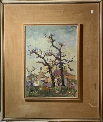 אמן לא מזוהה שמן על משטח , חתום, 36x27, נוף כפרי.