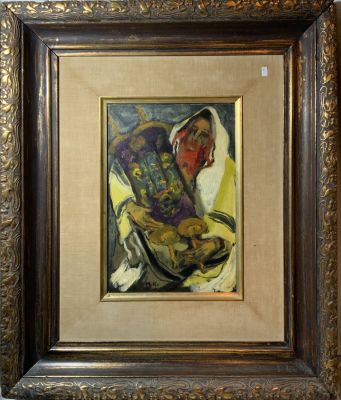 מאנה כץ, שמן על בד חתום בראשי תיבות וחתום בגב הציור , 35X27, 
רב עם ספר תורה