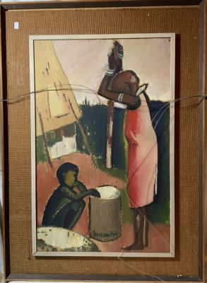 Romsaibir (צייר אפריקאי), שמן על קרטון חתום , דו צדדי, 54X35. 
דמויות נשים בשוק 
ילד וילדה עם 