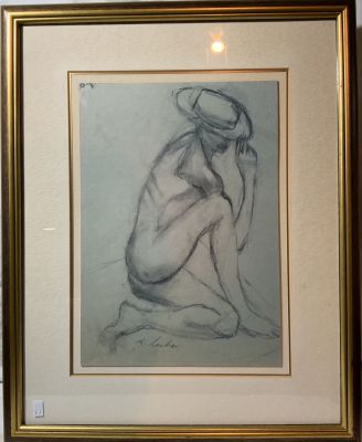 צבעי פחם דמות אישה מדגמנת חתום אמן לא מזוהה 29X21 ס''מ