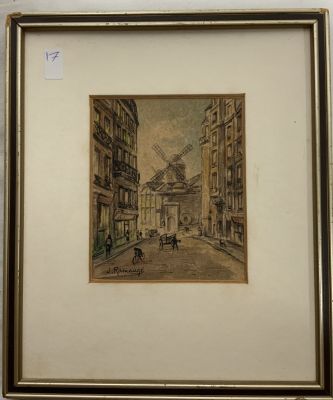 אמן לא מזוהה צבעי מים מיניאטורי נוף עירוני ודמויות, חתום, 10X8 ס''מ