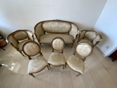 סט ישיבה צרפתי עתיק בסגנון נפוליאון השלישי במצב טוב הכולל ספה דו מושבית 182X76X102 ס"מ - כורסא 