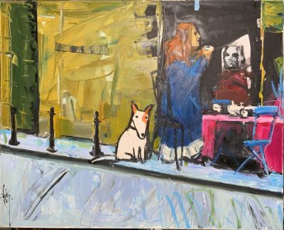 לאו ריי שמן על בד 80X100 ס׳׳מ 2 נערות בבית קפה חתום