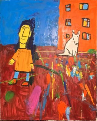 לאו ריי שמן על בד 80X100 ס׳׳מ נערה וכלב ברחוב חתום