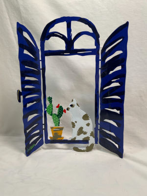 דודו גרשטיין חיתוך לייזר חתול על עדן החלון גודל 30X22 ס׳׳מ