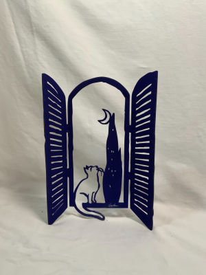 דודו גרשטיין חתול עץ וירח חיתוך לייזר חתום22X16 ס׳׳מ