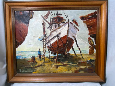 אמן בינלאומי שמן על משטח עובד במספנה חתום לא מזוהה 48X38