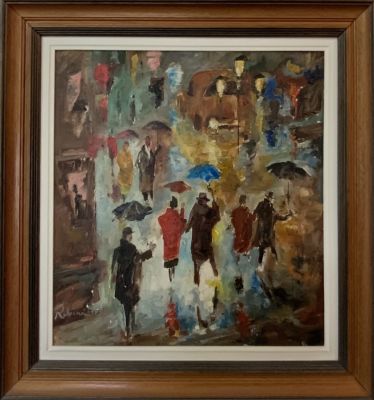 ציור שמן על משטח דמויות בגשם חתום, חתימה לא מזוהה 52X56 ס''מ