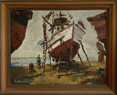 ציור שמן על משטח דמות במספנה חתום, חתימה לא מזוהה 50X40 ס''מ