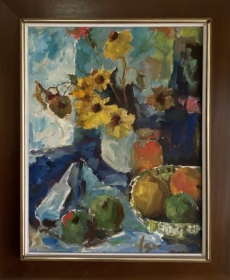 ציור שמן על משטח פרחים בחדר חתום, חתימה לא מזוהה 36X46 ס''מ