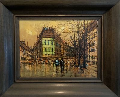 ציור שמן על בד נוף עירוני ארופאי 42X21 חתום ס''מ