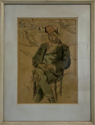 ציור צבעי מים חתום דמות אוריינטלית יושבת גודל 25X35 ס''מ