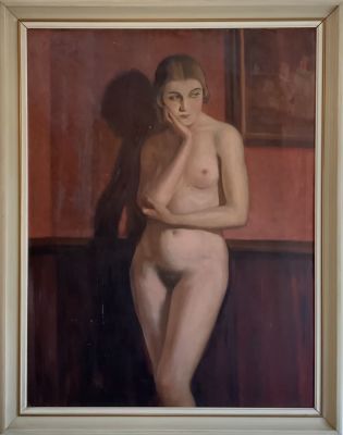 ציור שמן על משטח חתום דמות אישה ערומה גודל 68X90 ס''מ