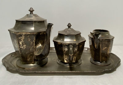 סט לתה\קפה כסף 800 מגש, קומקום, קנקן לחלב וכלי לסוכר חתום גודל מגש: 46X22, גובה קומקום: 22 ס''מ 