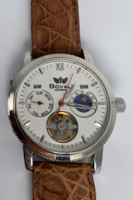 שעון bovali יד דו צדדי קוורץ ואוטומטי באלנס פתוח רצועת עור חום קוטר 40 מ"מ