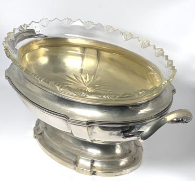 סנטרפיס-קערה עם ידיות כסף 800 גרמניה עתיקה - 884 גרם עם קריסטל מקורי ( ציפ מאוד קטן - ראה 