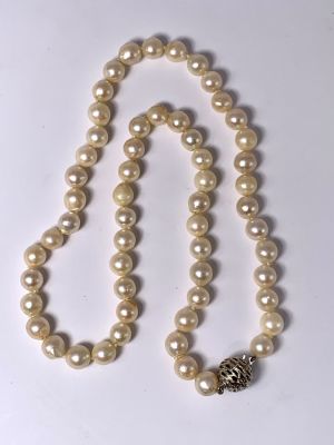 מחרוזת פנינים כמעט עגולות 8 מ"מ עם סוגר זהב לבן 14 קרט 51 ס"מ אורך - 45 גרם