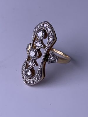 טבעת עתיקה זהב צהוב לבן 14 קרט 4 גרם עם 21 יהלומים ליטוש עתיק סה"כ כ 0.50 CT נקי לבן - ראש טבעת 