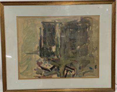 זריצקי יוסף אקורל נוף מופשט - עבודה מוקדמת ואיכותית 56X43 ס"מ חתום - מסגרת 79X64ס"מ