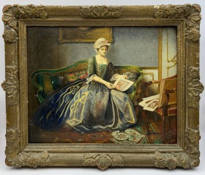 ציור שמן על משטח דמות נערה ויקטוריאנית חתום גודל 25X20 ס''מ (זקוק לרסטורציה קלה מאוד נא לראות 