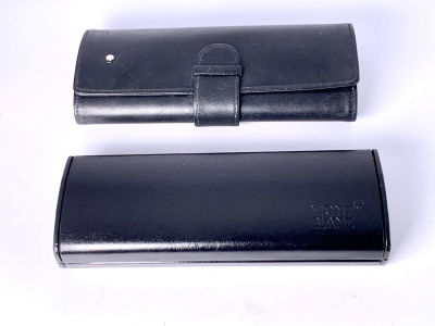 לוט MONT BLANC : קופסה לשני עטים 17X7 ס"מ ונרתיק עור נפתח לעט נובע עם מקום לאחסון מילויי דיו 
