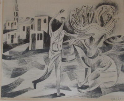 אברהם אופק, Avraham OFEK (1935-1990) תחריט, איש ואישה ועץ חתום וממוספר