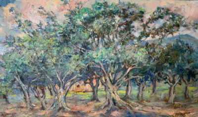 דוד לבקובסקי David LABKOWSKY (1906-1991), שמן על מזוניט, עצים חתום