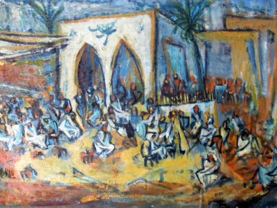 מרסל ינקו, Marcel JANCO (1895-1984) שמן על קרטון, דמויות בבית קפה , חתום (פגמים קטן נא ראו בתמונות)