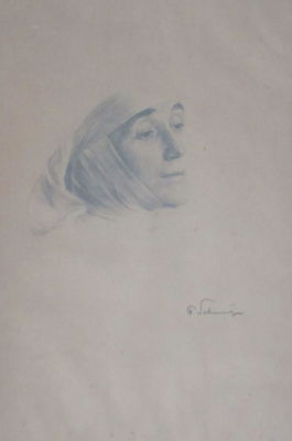 P.SCHMIDT, תחריט על נייר, דיוקן אישה, חתום