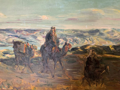 ציור שמן (על פי ואו משוייך ללודוויג בלום (?)), לא חתום - שיירת גמלים במדבר יהודה