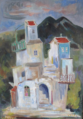 מיליה לאופר, Milia LAUFER (1923-2008) שמן על בד, בתים בצפת, חתום