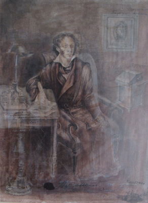 יורי קופרמן - KUPERMAN, yuri אקוורל על נייר, פושקין ליד שולחן, חתום