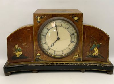 שעון מנטל ART DECO עתיק מצויר באיורים בסגנון יפני מנגנון אנגלי abex מכני זקוק לטיפול