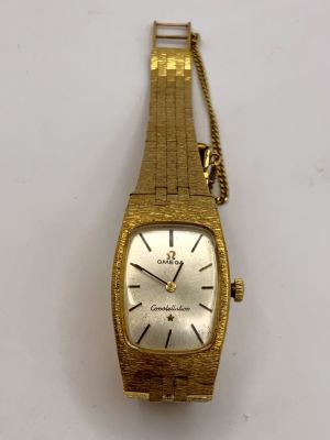 שעון יד זהב 18 קרט לאישה OMEGA CONSTELATION + צמיד לא מקורי אינטגרלי עב' צורף 14K מכני ידני 