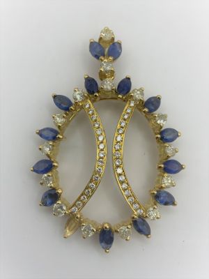 תליון זהב צהוב 18K, משובץ 14 ספירים בליטוש מרקיזה כל אחד 20 נקודות, 43 יהלומים סה"כ 1.75CT - 