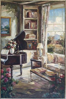 P.BLEDEL ציור שמן על בד נוף חדר אירוח חתום גודל: 91X60 ס’’מ