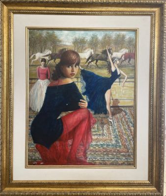 יורם לוקוב שמן על בד נערות רוקדות בשדה חתום גודל: 55X70 ס''מ