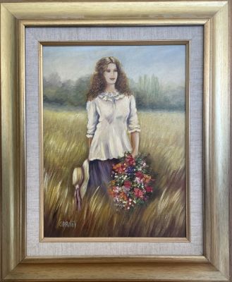 גרנות שמן על משטח נערה אוספת פרחים גודל: 30X40 ס''מ