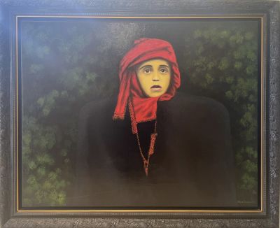 מאיר פיצחדזה שמן על בד ילד עם המטפחת של אמו אדומה חתום מאחורה ומקדימה נעשה בתל אביב גודל: 101X 