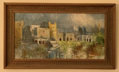 ציור שמן על משטח חתום NORMAN נוף אורבני גודל 31X60 ס״מ