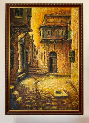 מ.פלג ציור שמן על בד רחוב העיר העתיקה ירושלים מתוארך 1970 גודל 89X59 ס״מ