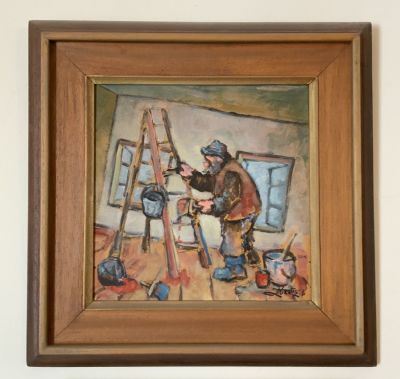 גולדשטיין חתום ציור שמן על משטח יהודי בעל מקצוע בעבודתו גודל 28X28 ס״מ