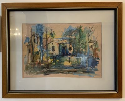 צבעי מים, שמן וטוש חתום נוף בתים בכפר גודל 47X322 ס״מ