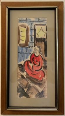 צבעי מים דמות אישה יושבת חתום גודל 45X17 ס״מ