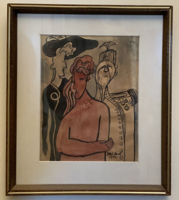 צבעי מים וטוש 3 דמויות בסגנון פיקאסו מתוארך 1972 גודל 19X25 ס״מ חתום