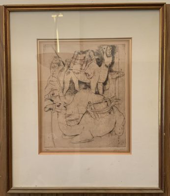 נחום גוטמן תחריט גמלים ודמויות ממוספר 21\100 חתום בעיפרון גודל: 22X28 ס''מ