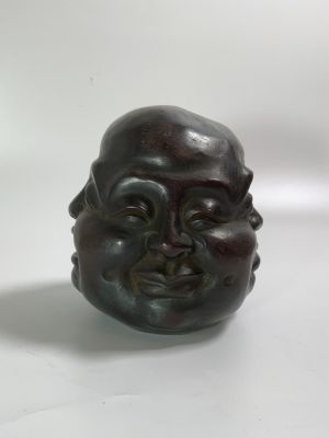 פסל עץ 4 פרצופים גילוף עבודת יד סיני גובה 14 ס"מ קוטר 13 ס"מ