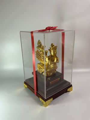 פסל ציפוי זהב בקופסת פרספקס ובסיס עץ הפסל נקרא SOUND BIRD ממוזיאון NINGXIA גובה הפסל כולל בסיס 