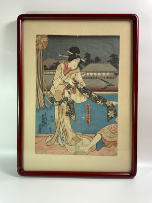 הדפס\ליטוגרפיה יפני על בד משי 24X35 ס"מ חתום כנראה עתיק ממוסגר 47X35 ס"מ